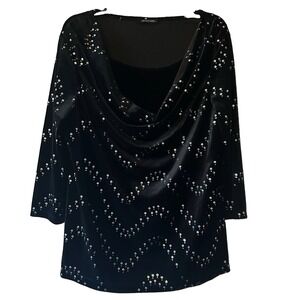 Notations Black Velour Pullover‎ Cowl Neck Silver Sequins Chevron Approx Size L